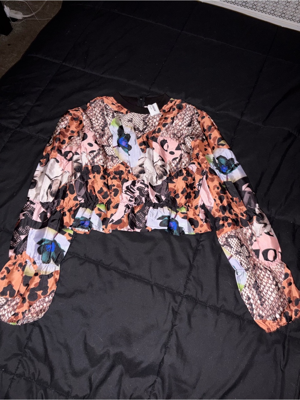 Cropped Floral & Animal Print Long-Sleeve Top - Multicolor